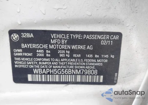 2011 BMW 328I from USA, damaged, VIN WBAPH5G56BNM79808
